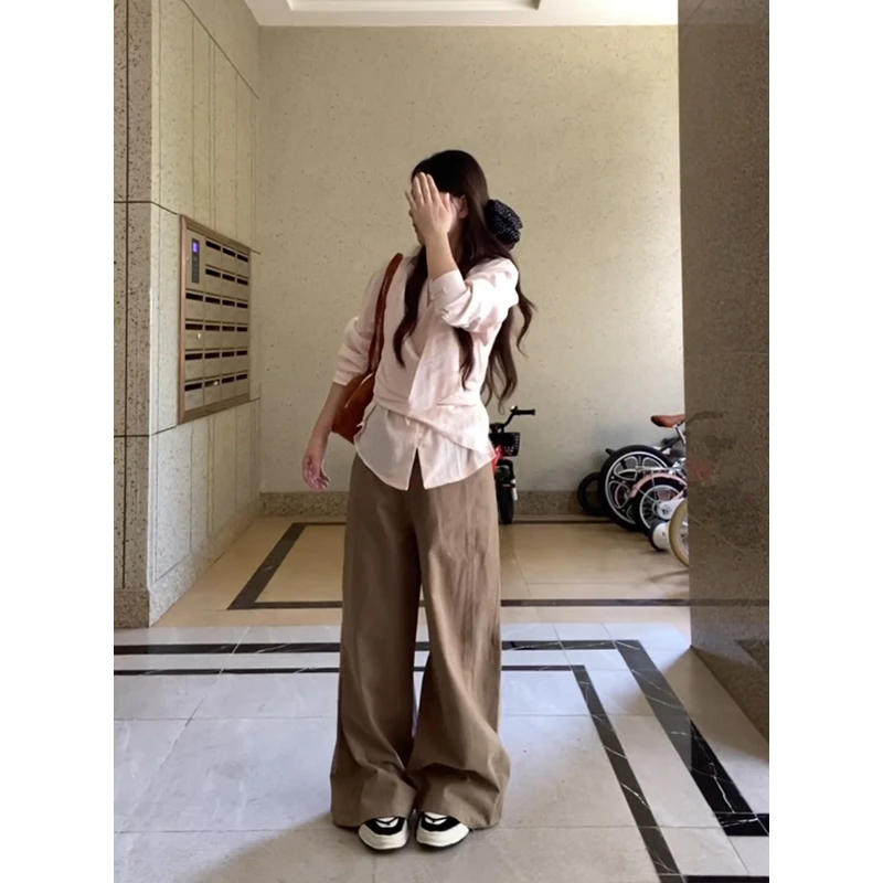 parkyeon不规则粉色衬衫长袖上衣女秋季新款高腰垂感直筒裤两件套