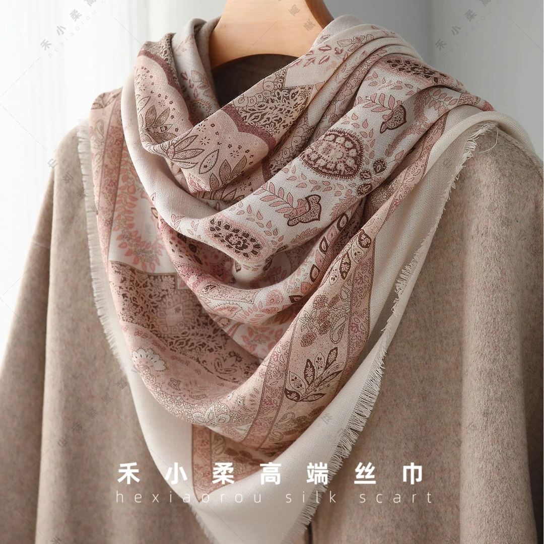 真丝羊毛lp钻石纹粉末色复古腰果135方巾丝巾围巾披肩外搭H299