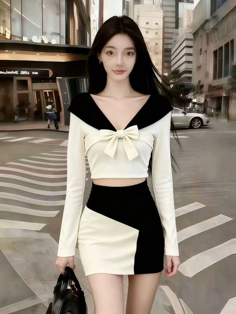 秋冬轻奢气质辣妹穿搭撞色V领蝴蝶结长袖上衣+撞色性感包臀裙套装