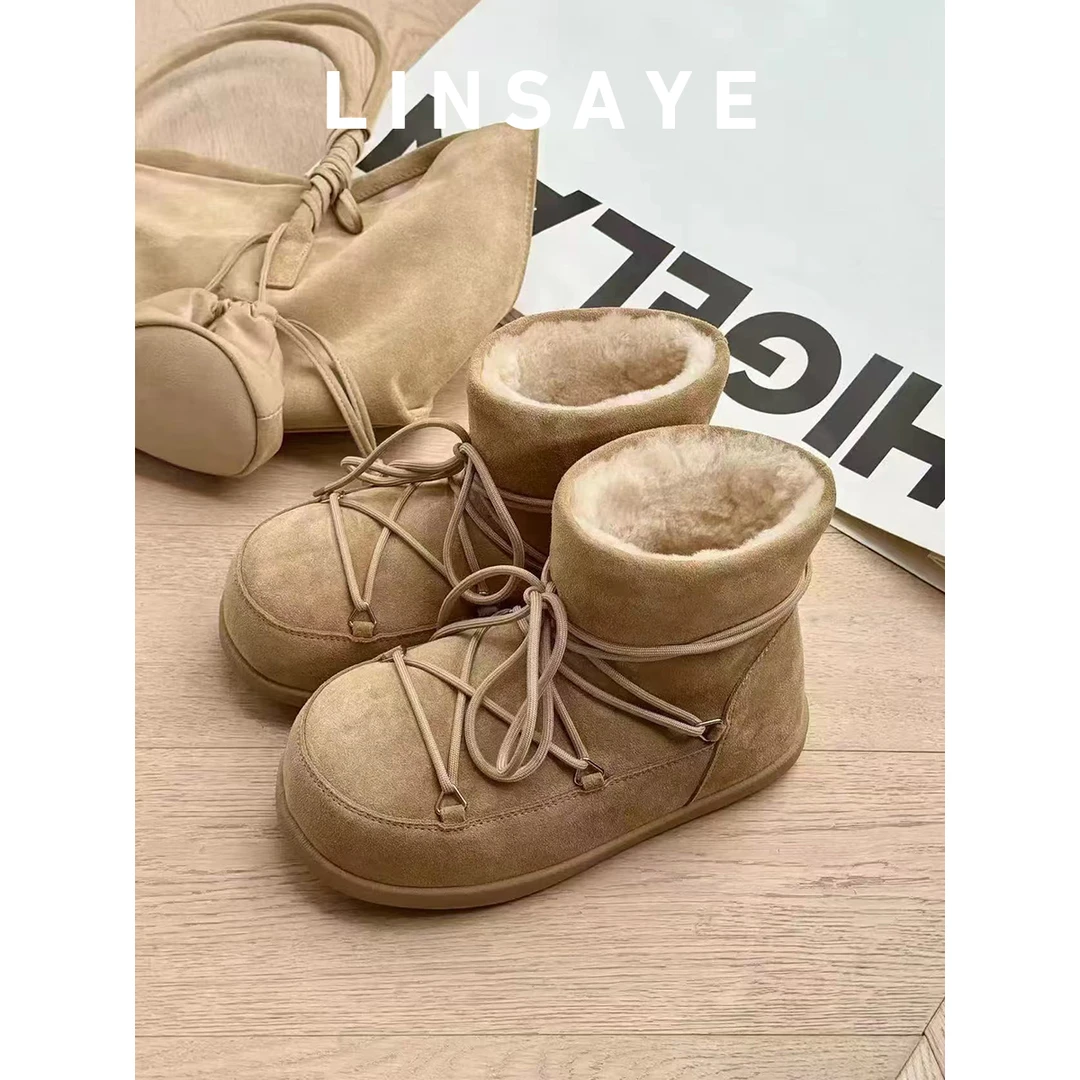 冬季新款保暖系带雪地靴女羊羔毛加绒加厚皮毛一体短靴厚底马丁靴