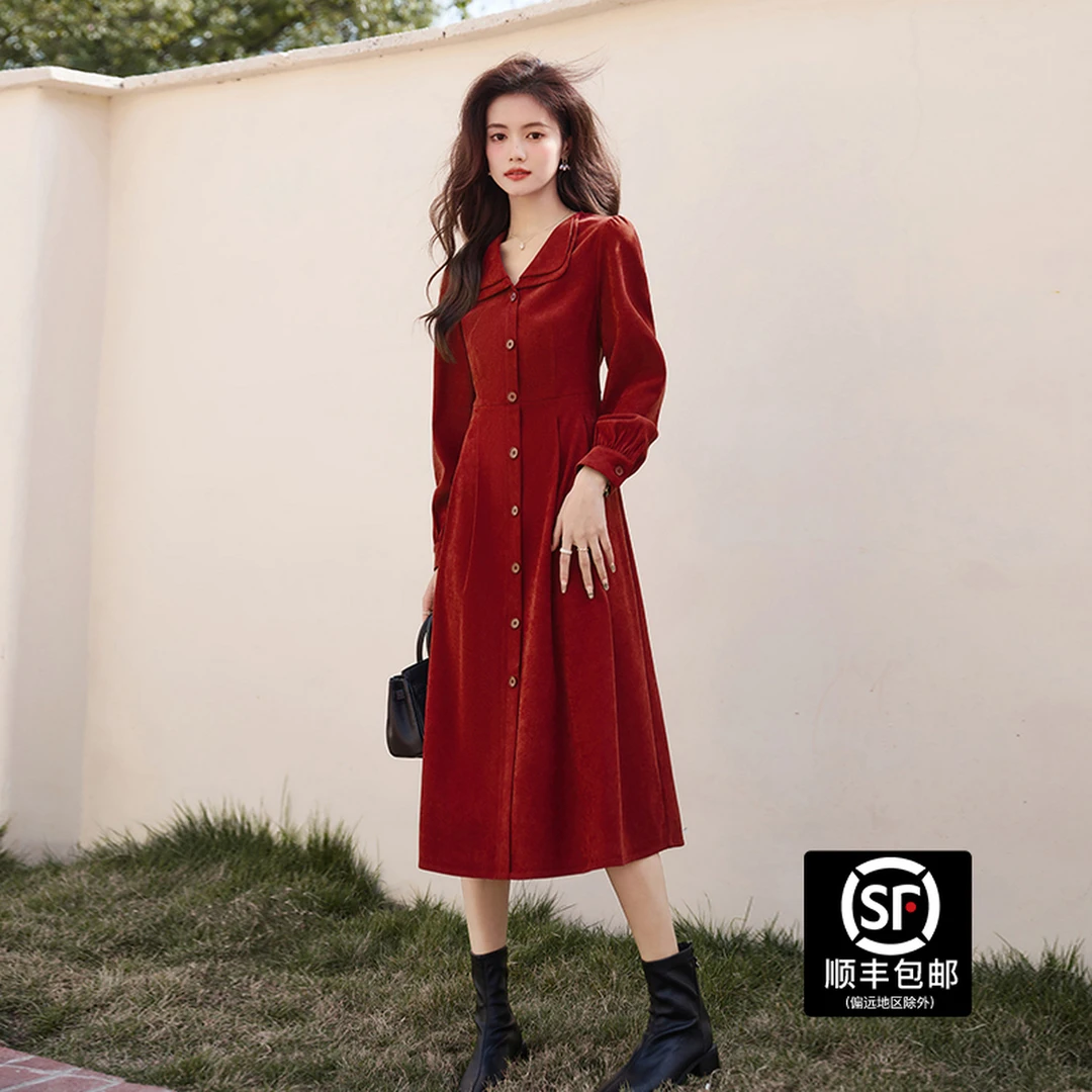 蓝语大码女装胖mm高级感敬酒服连衣裙2025秋季回门服新娘红色长裙