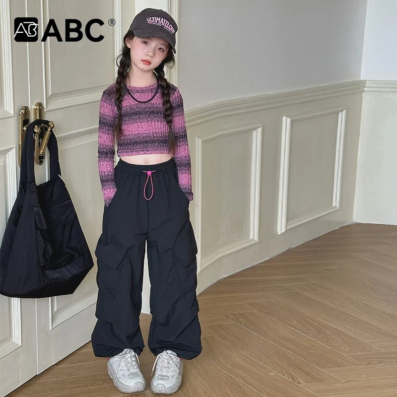 ABC女童渐变露脐短上衣工装裤套装2025儿童爵士舞演出服装甜酷春