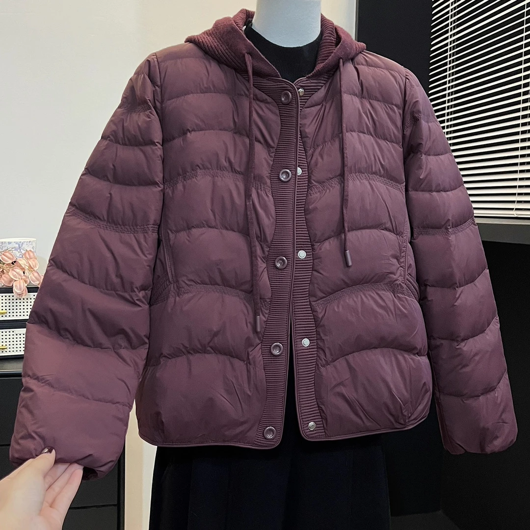 妈妈装针织连帽红色羽绒服2025冬季新款中老年加厚保暖白鸭绒外套