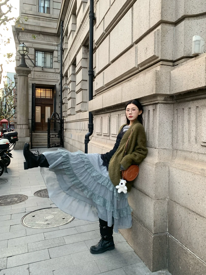 清清款/70不是七十【月夜雪松】秋冬清冷气质花边长款气质半身裙