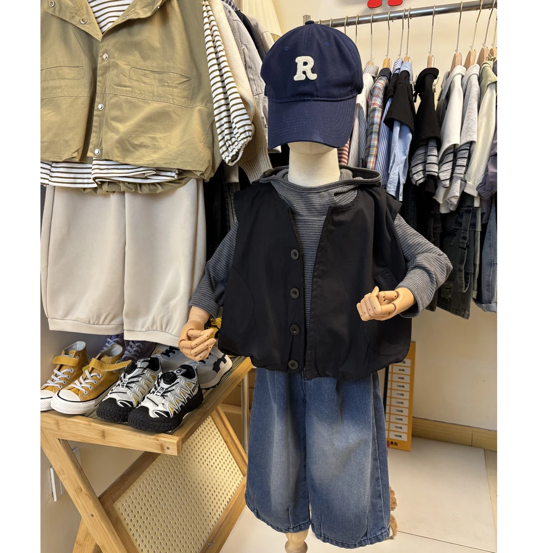 男童春秋款套装2025新款时髦男女童连帽卫衣痞帅马甲三件套潮FY