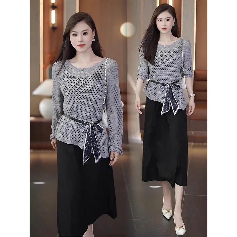 拉夏贝尔时尚套装裙女2025年春秋时髦洋气显瘦针织衫吊带两件套潮