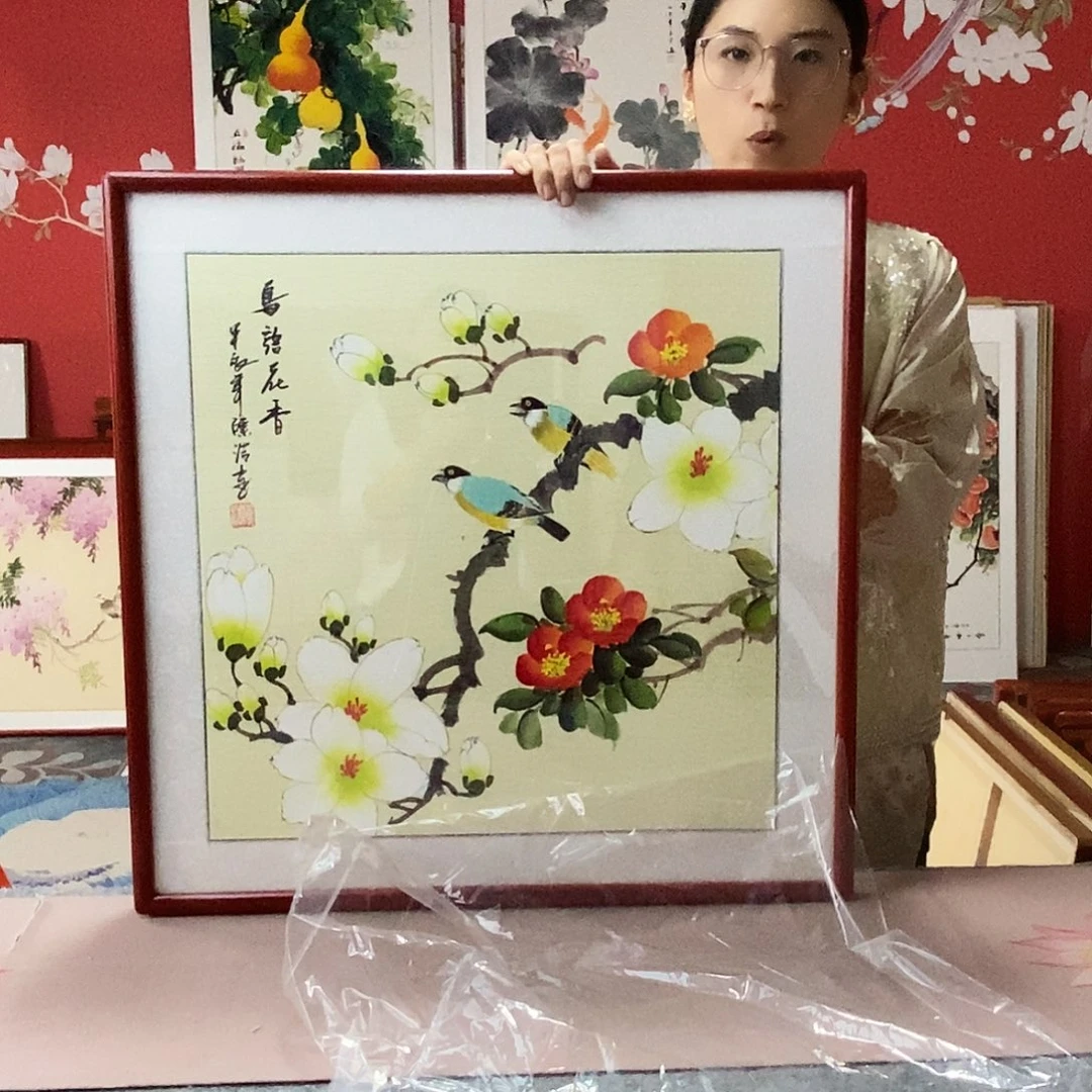 国画手写手绘国画作品带框包邮62✖️62