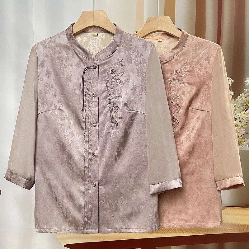 中老年人妈妈夏季衬衫七分袖国风上衣奶奶夏装纱袖衬衣新中式婆婆