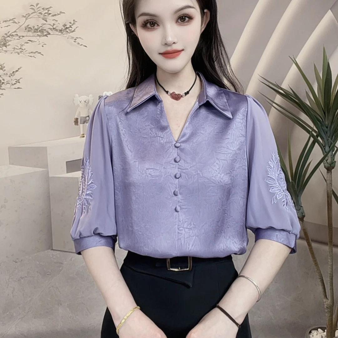 洋气刺绣五分袖衬衫新中式夏季新款时尚气质显瘦休闲减龄上衣女