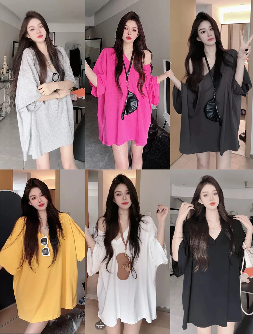 胖MM慵懒风宽松大码300短袖v领T恤女夏季新款凉感宽松显瘦上衣女