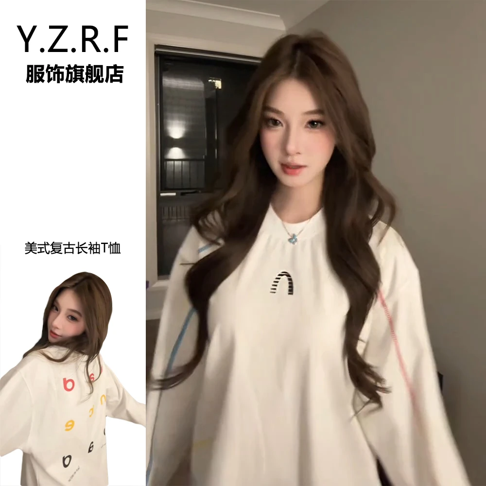 新款美式复古彩色不规则线条长袖T恤女ins秋季情侣秋天上衣