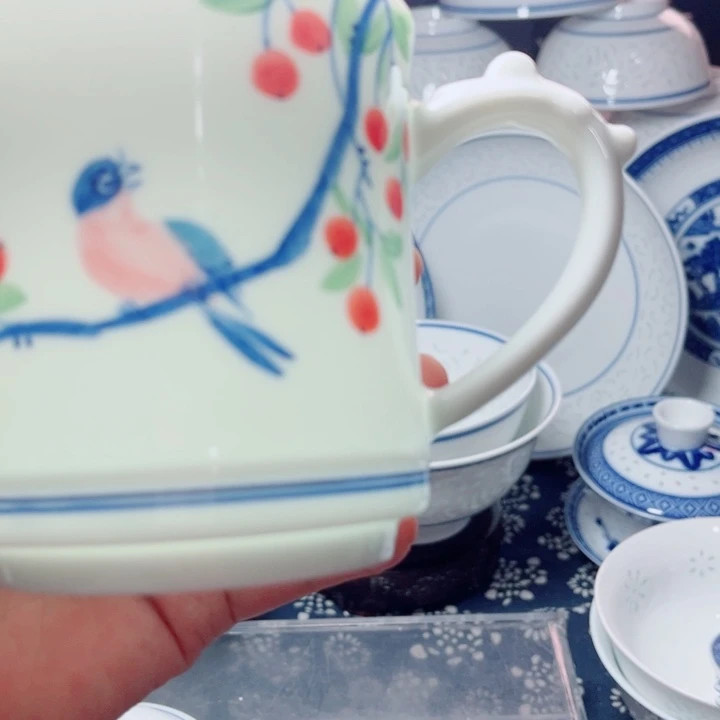 青花玲珑办公杯花鸟