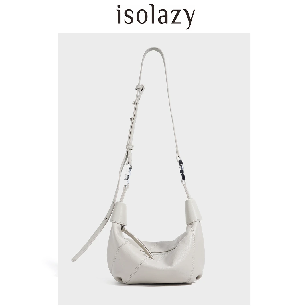 isolazy/小众头层牛皮饺子手工纯色文艺风椭圆形斜挎包简约斜挎包