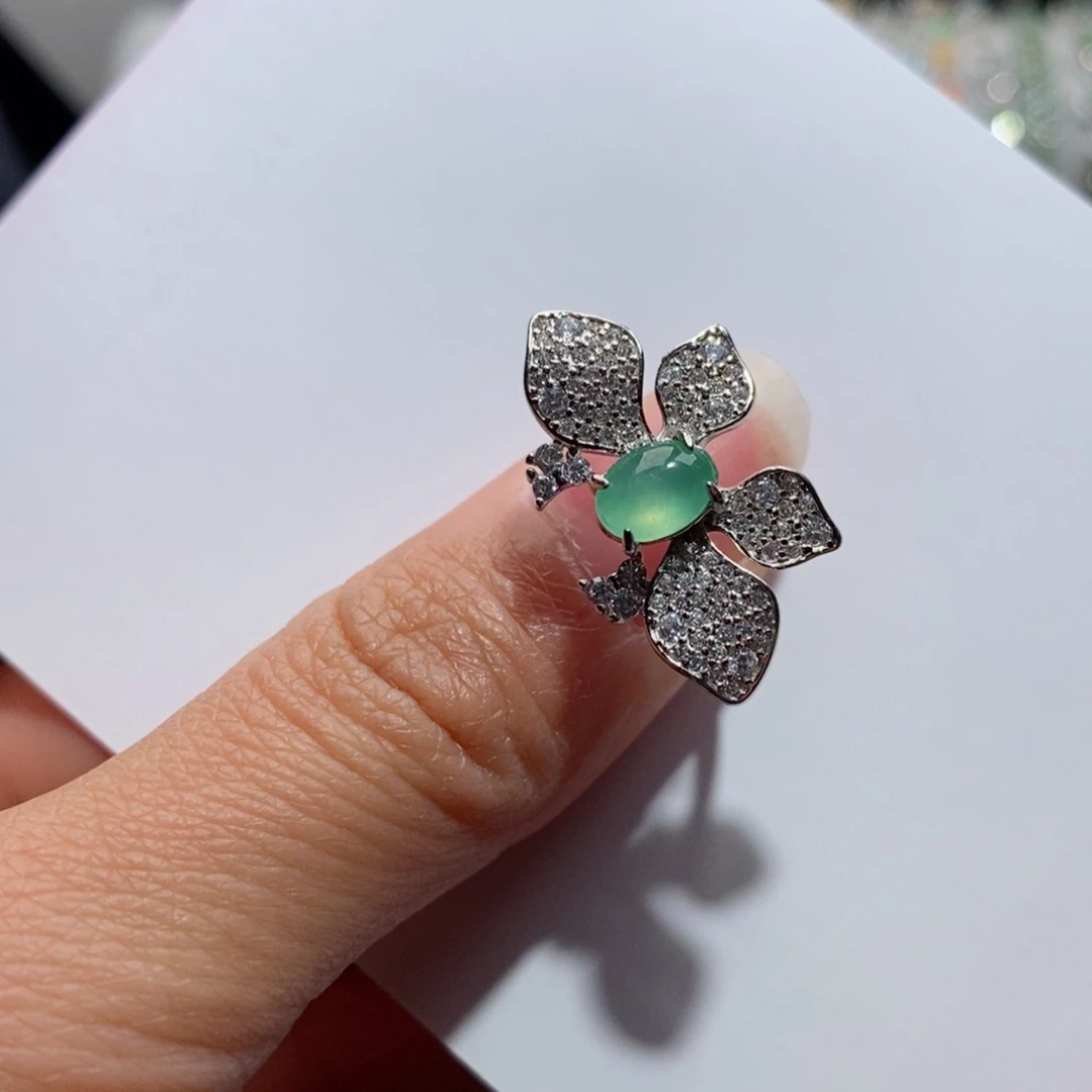 翡翠戒指银S925镶嵌扫*僧c c c