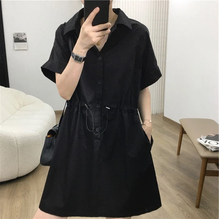 特大码300斤胖MM韩系休闲翻领连衣裙女夏季抽绳中长款a字衬衫裙潮