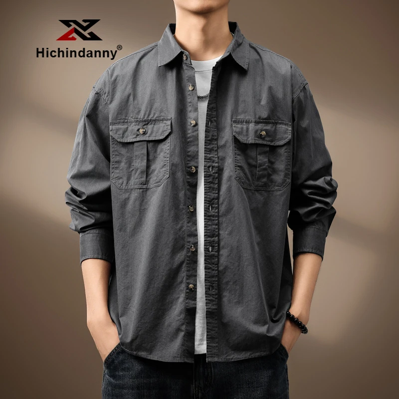 HICHIN纯棉休闲运动夹克男秋季复古长袖衬衫宽松翻领猎装茄克外套