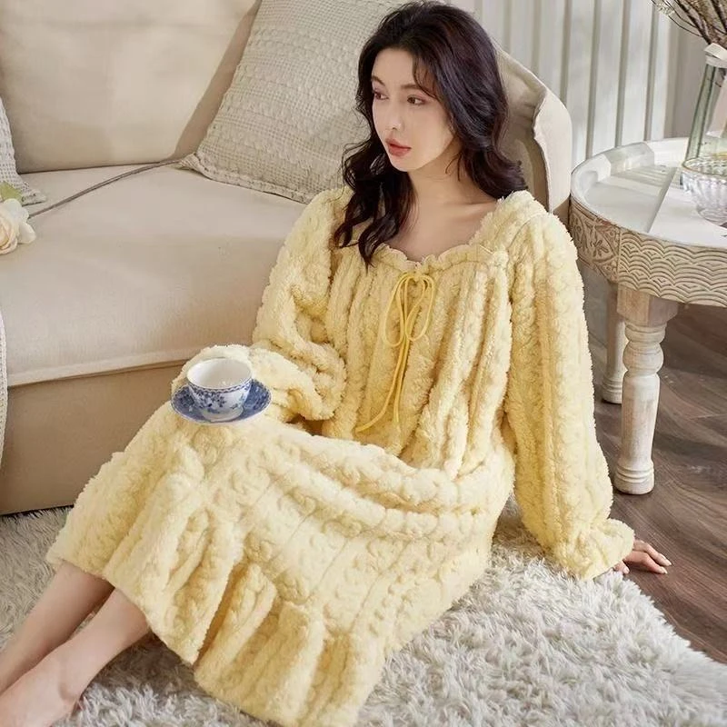 2025新款秋冬季浴裙珊瑚绒睡裙女长袖过膝加绒加厚保暖大码家居服