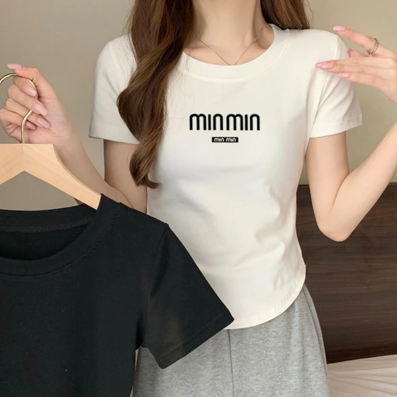 【MINMIN下摆弧形】圆领夏季T恤短袖百搭设计感修身显瘦印花高腰
