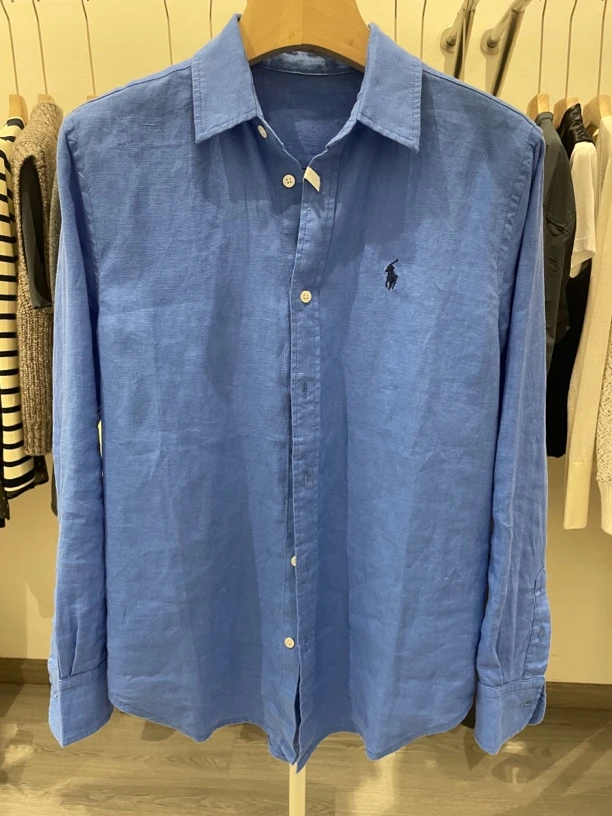 RL亚麻质感衬衫经典极简风舒适百搭蓝色