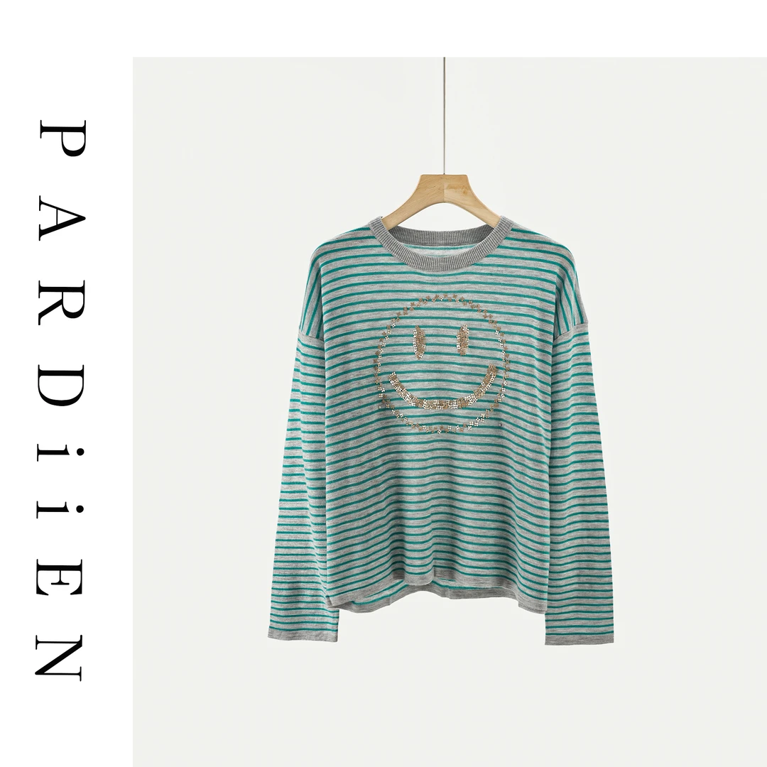 【北总严选】帕迪恩圆领条纹亮钻笑脸长袖羊毛针织打底衫25PD-99265