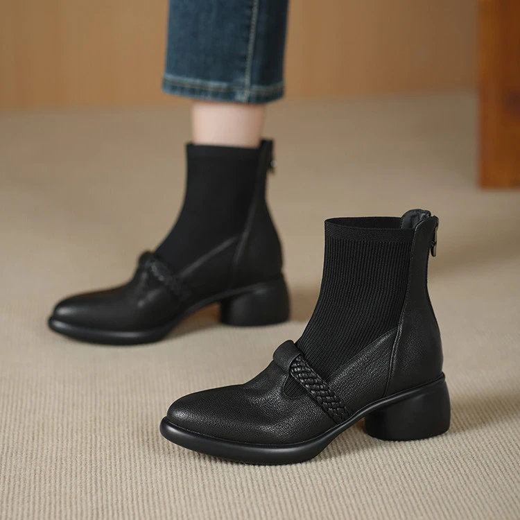 头层羊皮拼接飞织瘦瘦靴复古袜靴圆头粗跟中跟短靴百搭舒适女皮靴