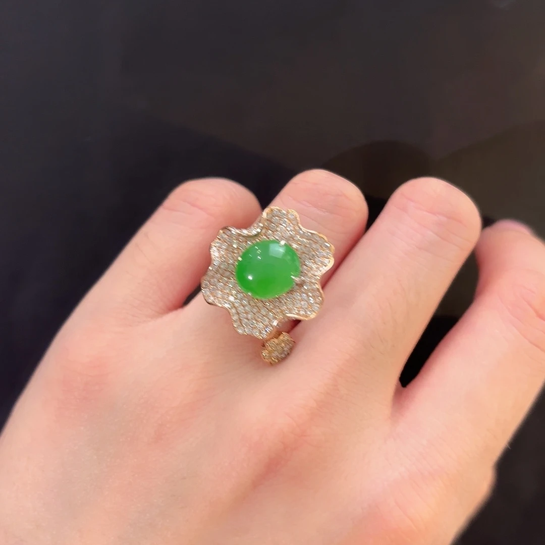 翡翠18K金镶嵌戒指10号圈绿蛋面戒指多人不退不换