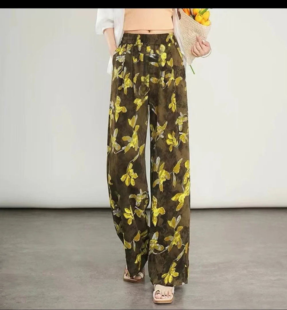 2025夏新款优雅淑媛松紧腰绸面印花休闲裤显瘦直筒阔腿空调裤