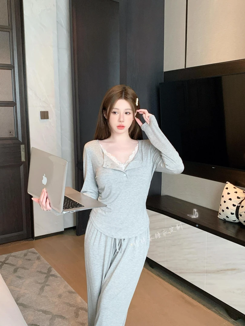 【高智姐姐】秋季睡衣女代尔棉长袖纯欲显白家居服可外穿带胸垫