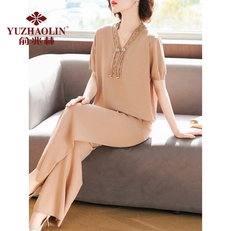 俞兆林妈妈夏装仿真丝套装2025新款新中式短袖休闲两件套中老年女