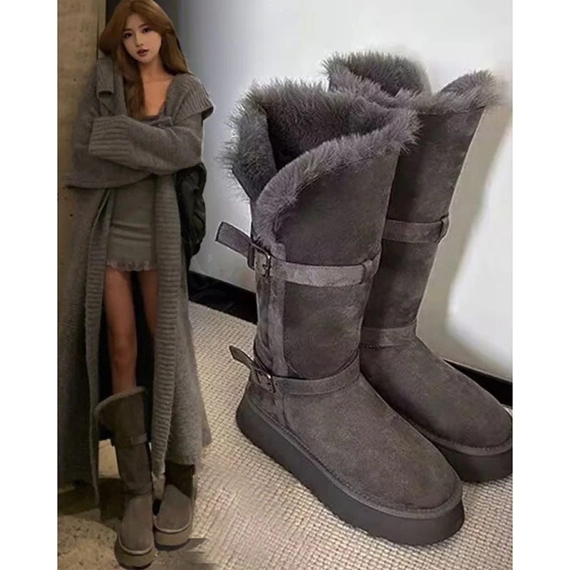 灰色长筒雪地靴女2025冬季新款厚底中筒加绒东北棉鞋保暖高筒靴子