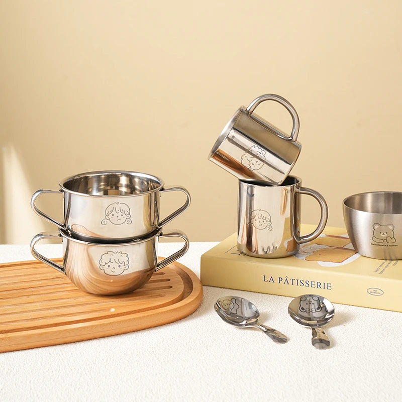 舍里卡通食品级304不锈钢儿童餐具双耳碗马克杯宝宝吃饭碗牛奶杯