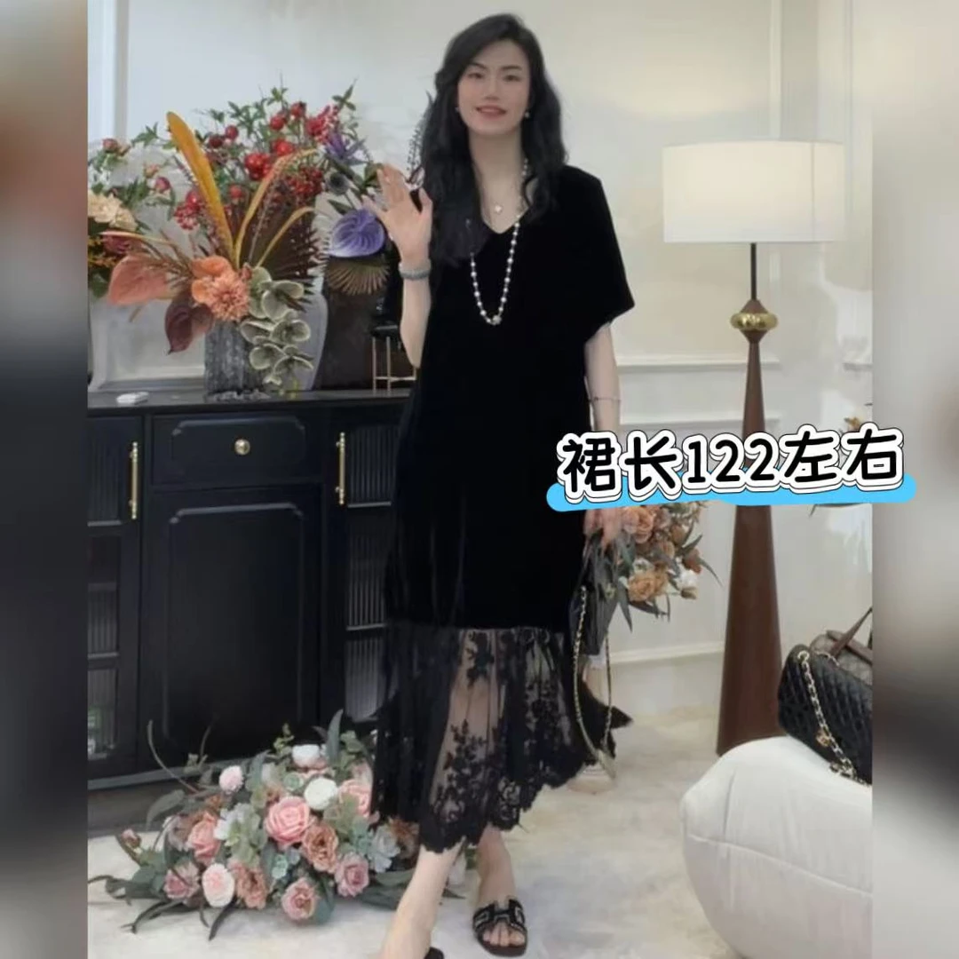 凤儿家-99263 法式高级感丝绒拼接提花蕾丝连衣裙