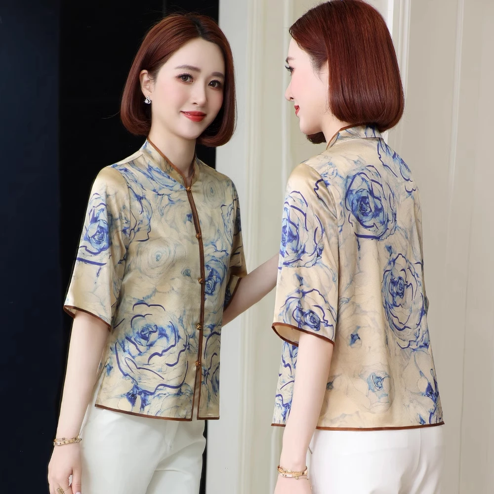 中年妈妈缎面真丝衬衣女中老年人夏装杭州品牌桑蚕丝衬衫短袖上