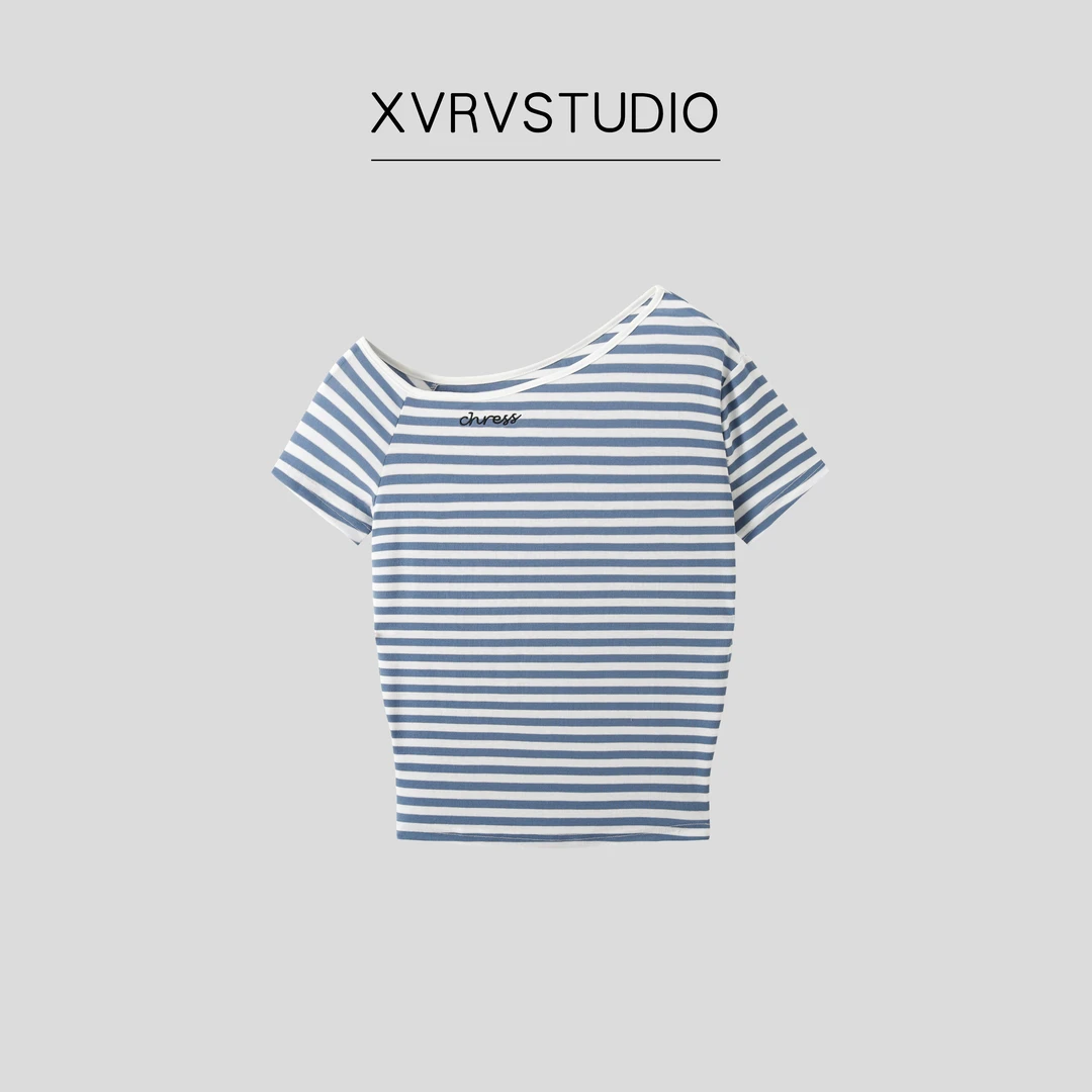 XVRV【夏上新】慵懒风条纹撞色T恤斜领一字露肩短袖女刺绣上衣