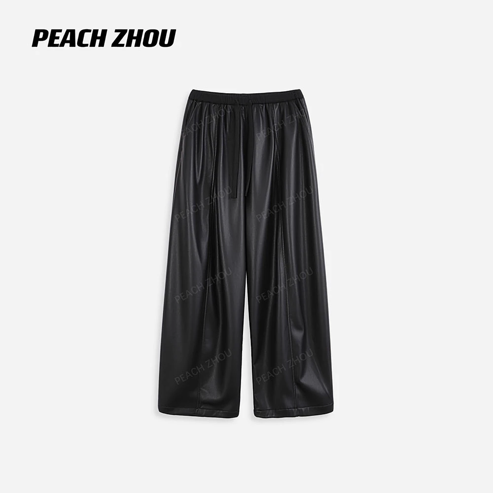 『PEACHZHOU』蛋白皮针织腰抓绒中线宽松直筒休闲裤松紧腰阔腿皮裤