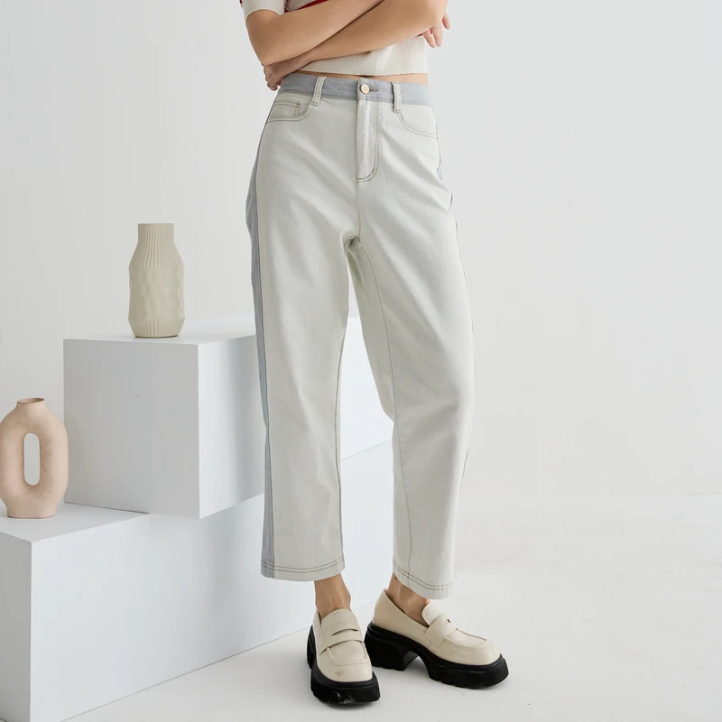 谜底牛仔裤女2025夏季新品撞色拼接烟管合身直筒九分裤252MK0694