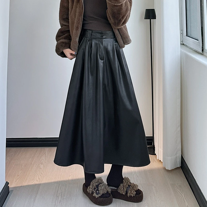 黑色pu皮半身裙女秋冬款小个子宽松显瘦高腰高级感中长款a字伞裙