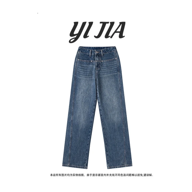 【壹家】YJ7888/ 烫钻星球 /2025春季新款显瘦设计感弯刀直筒牛仔裤