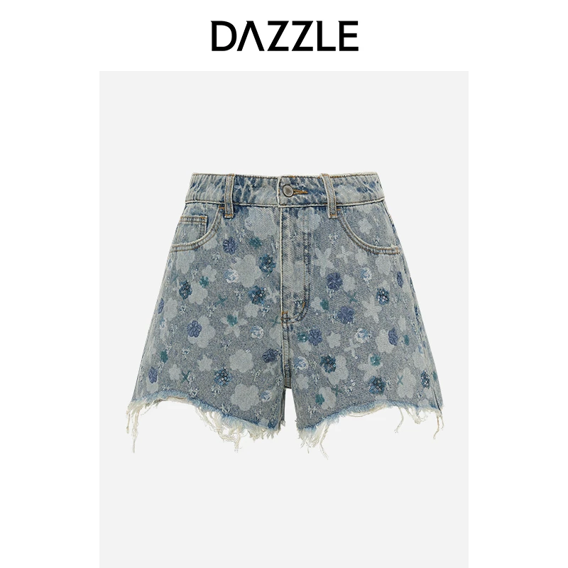 【品牌奥莱】DAZZLE地素复古印花毛边牛仔短裤热裤女2D3R1266S
