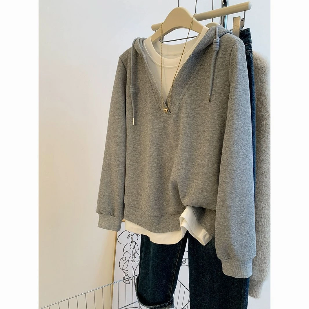 特大码300斤韩系休闲假两件V领连帽卫衣男女2025新款情侣装上衣潮