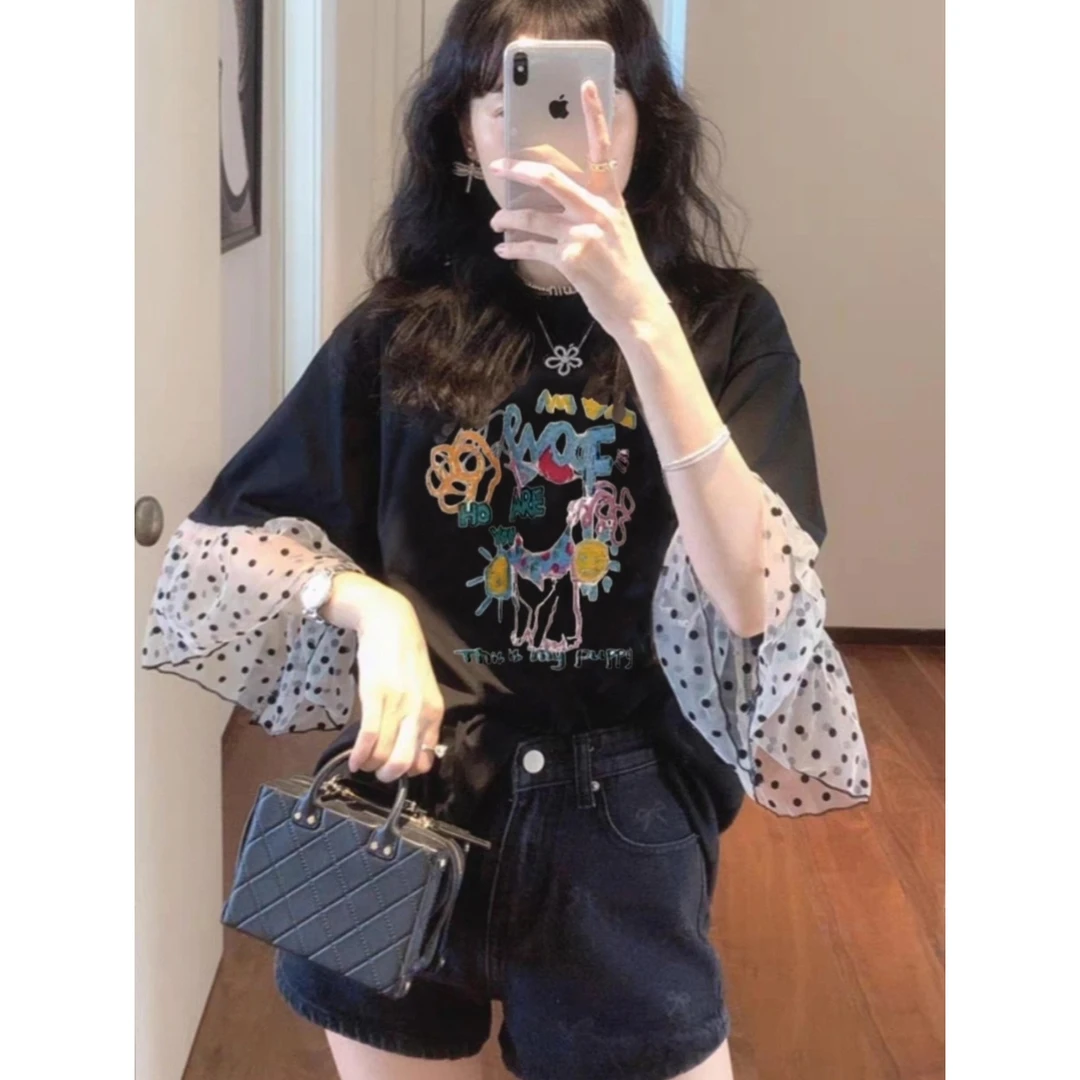 韩国东大门夏款季新款大版设计感卡通印花圆领宽松休闲T恤女