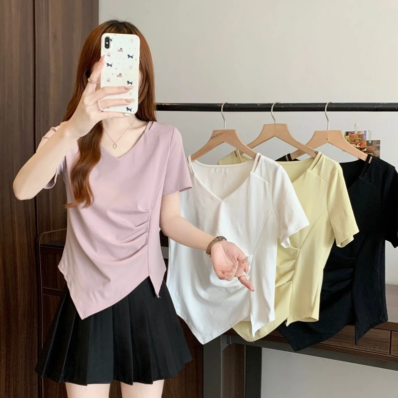 （卢大婷专属）大码女装2025夏季新款胖妹妹褶皱v领短袖T恤上衣1886