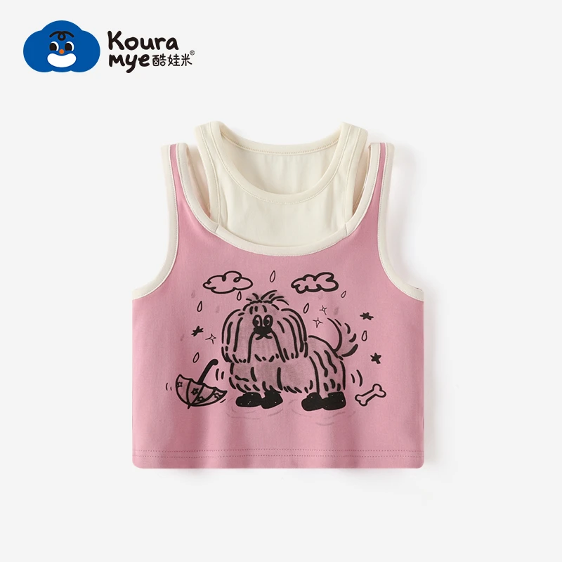 酷娃米夏款中小男女童舒适拼色假两件卡通背心上衣20529