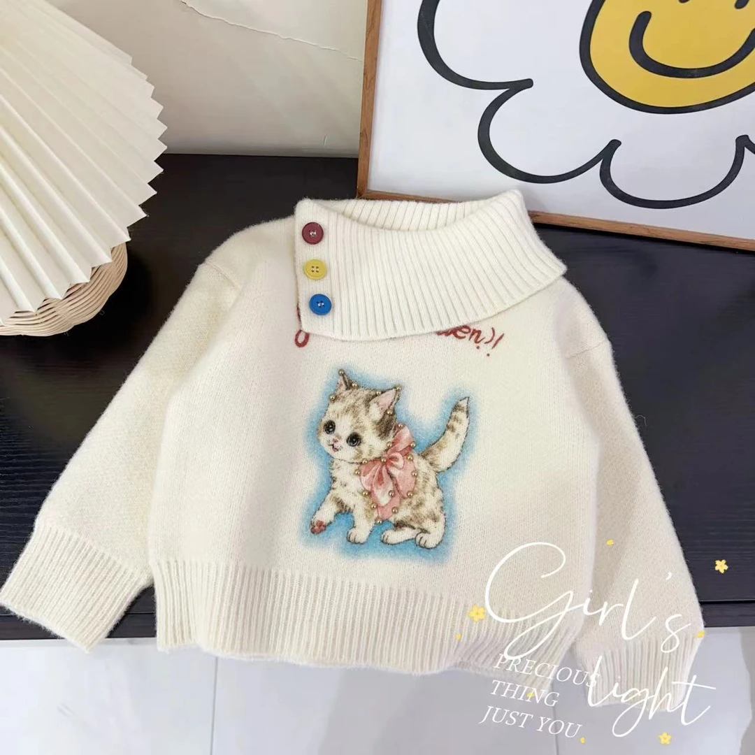 汤圆家童装2024冬季上新甜美卡通波斯猫钉珠百搭毛衣 YA-748