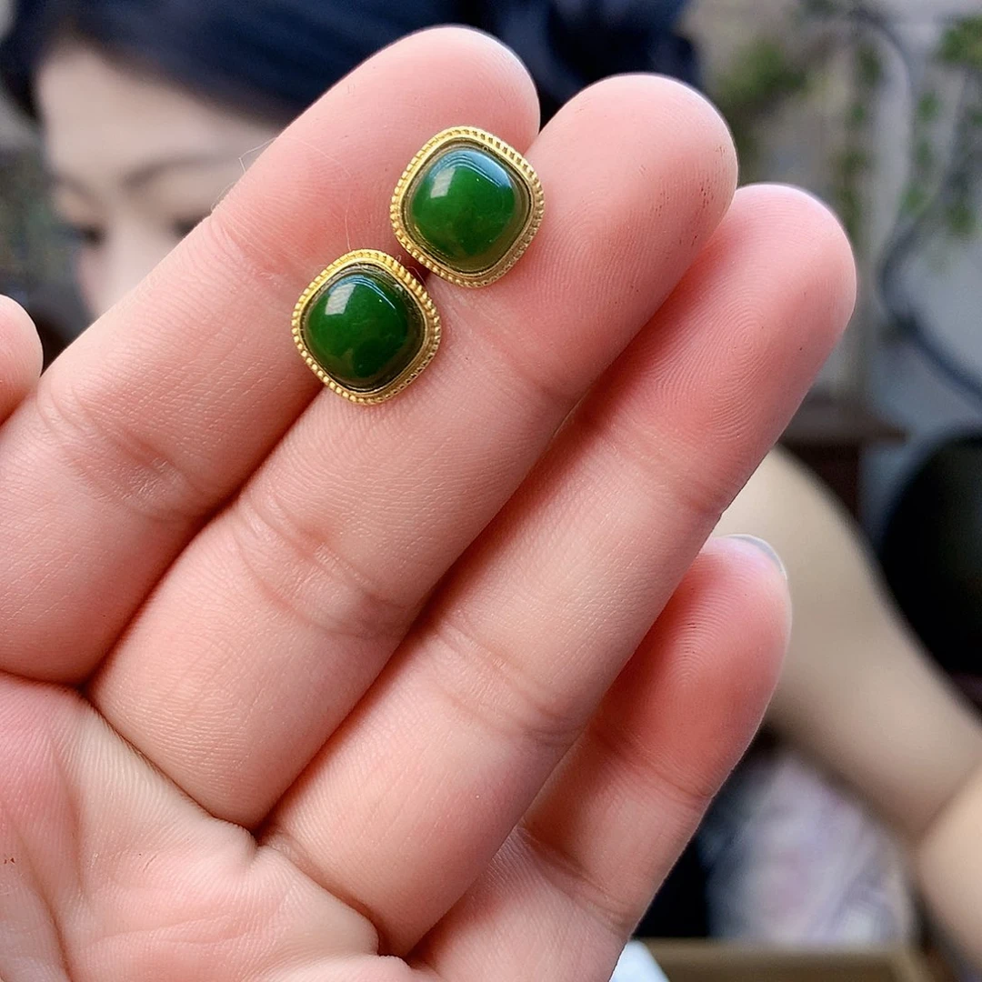 和田玉（碧玉）银S925镶嵌吊坠(不含链)耳钉