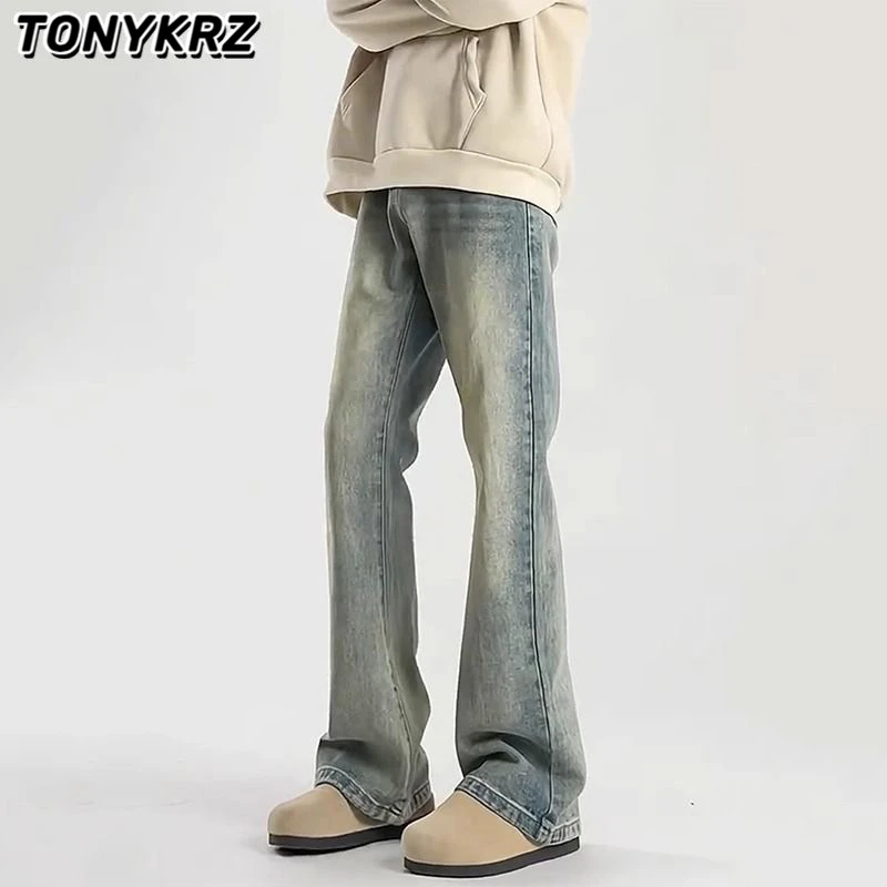 TONYKRZcleanfit复古蓝牛仔裤男水洗直筒微喇裤美式高街显瘦裤子