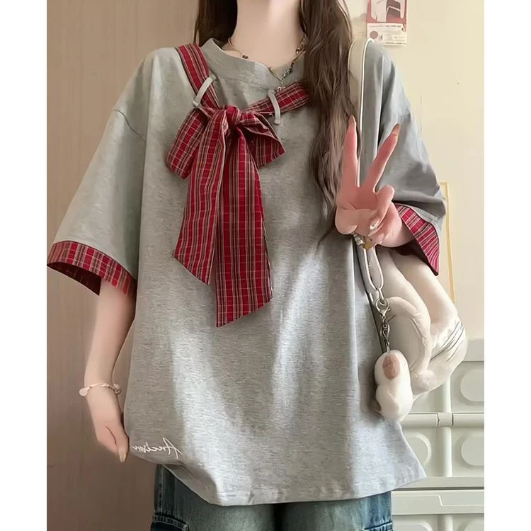 直接爱上!!【格纹绑带】韩版校园风夏季简约短袖T恤女INS超百搭上衣