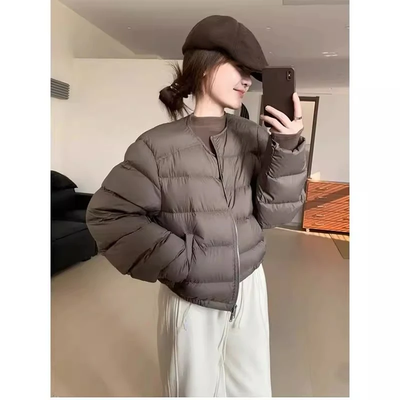 新国标90羽绒服女2025新款无领短款棒球服设计感轻薄小个子外套冬