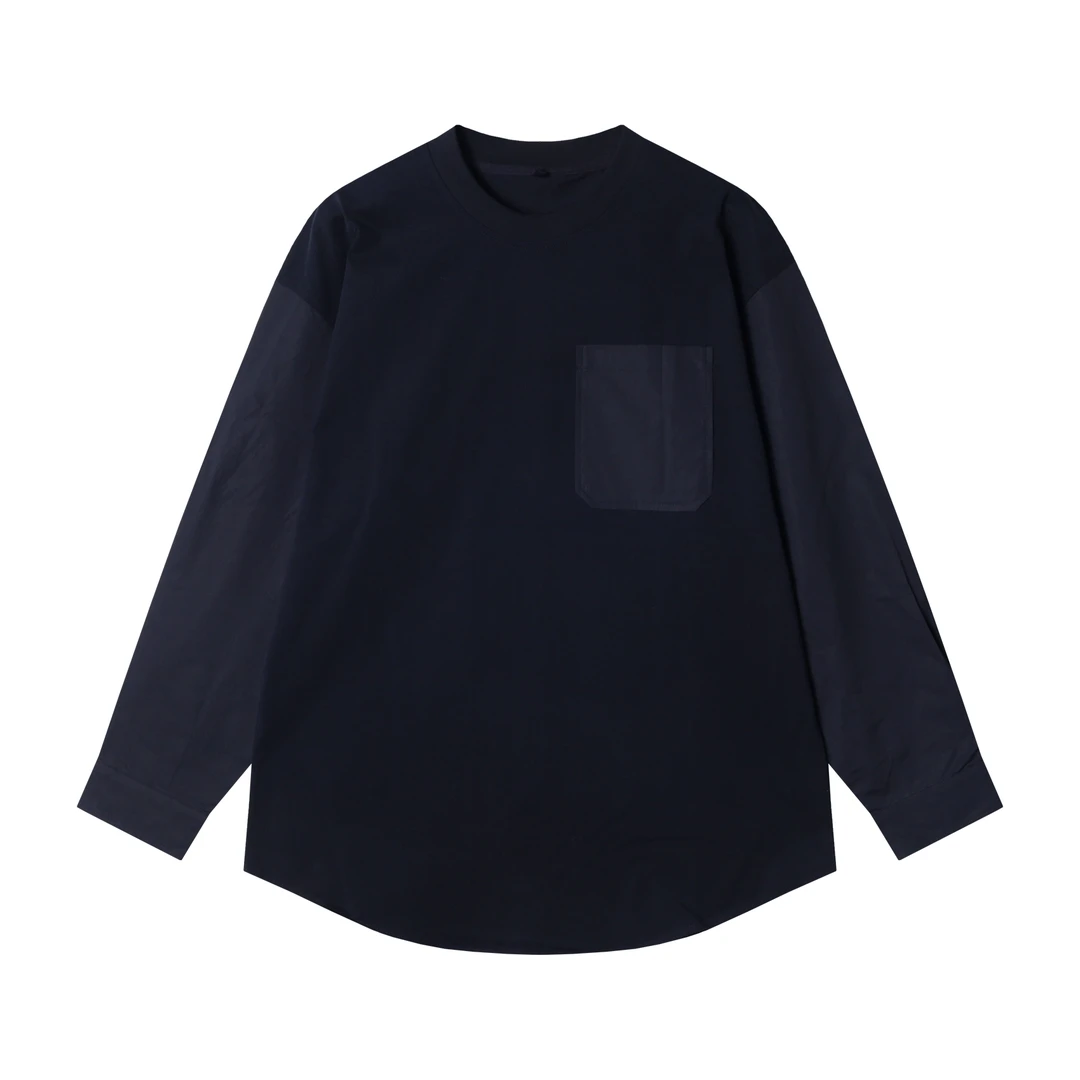 早春新款时尚个性韩版拼接撞色口袋圆领长袖T恤简约百搭商务上衣