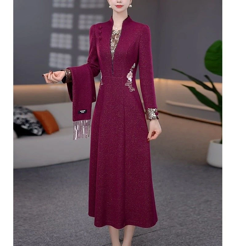 改良旗袍连衣裙2025新款秋冬加厚高端修身喜婆婆婚宴装妈妈礼服
